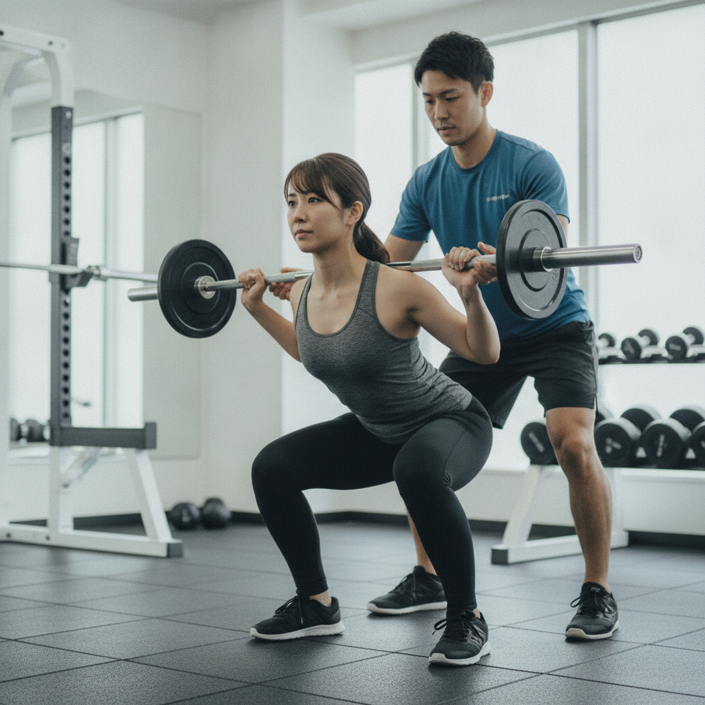 スクワットをする女性と指導するトレーナー