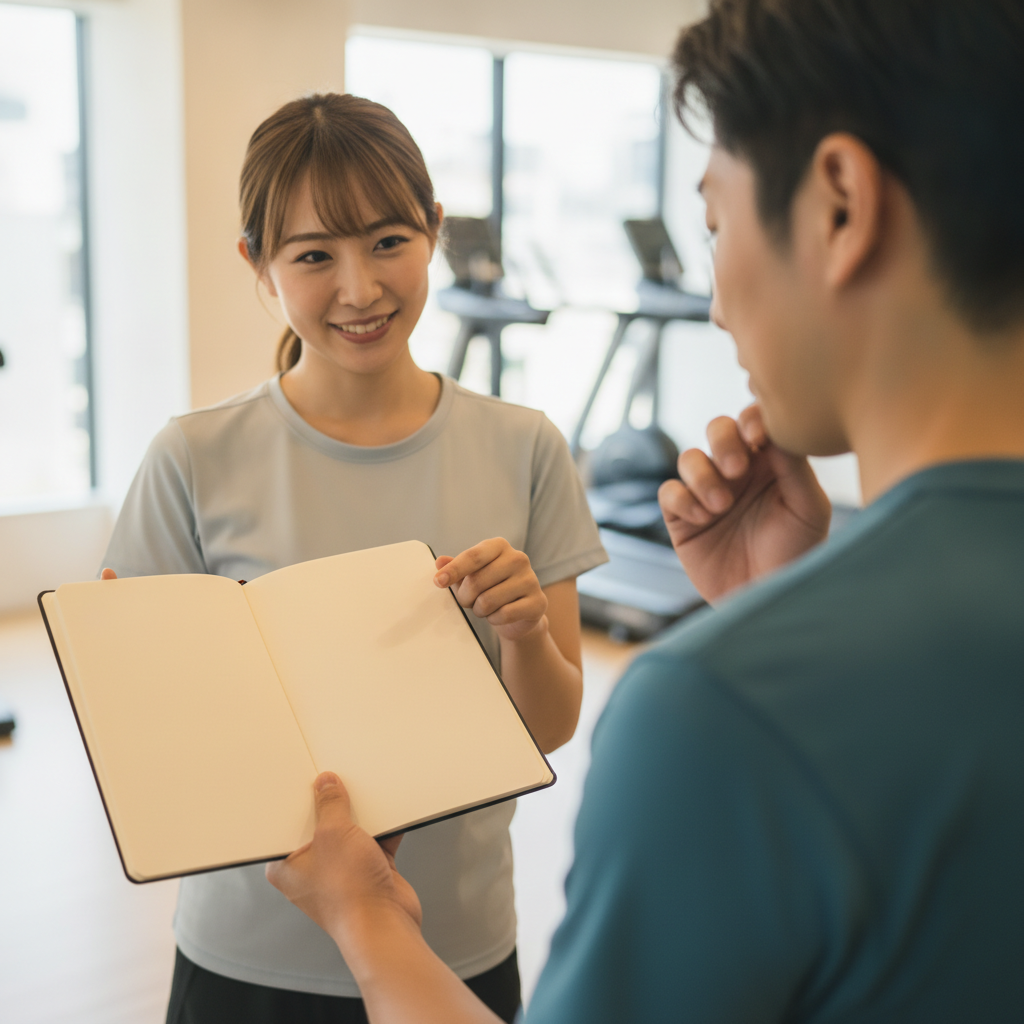 ノートを見ながら話し合う男性客とトレーナー