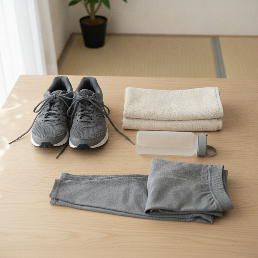 机に並べられたジム用の靴や服と水筒
