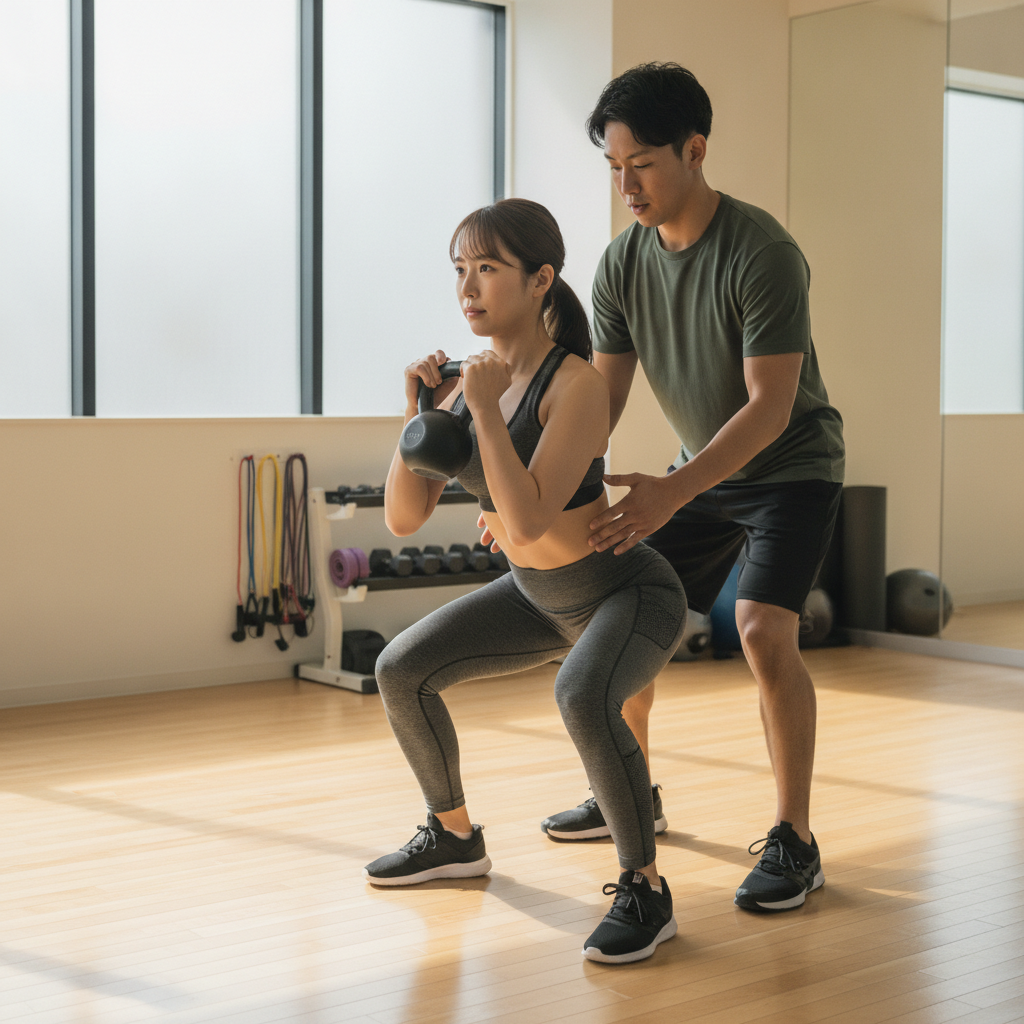 トレーナーの指導でスクワットをする女性