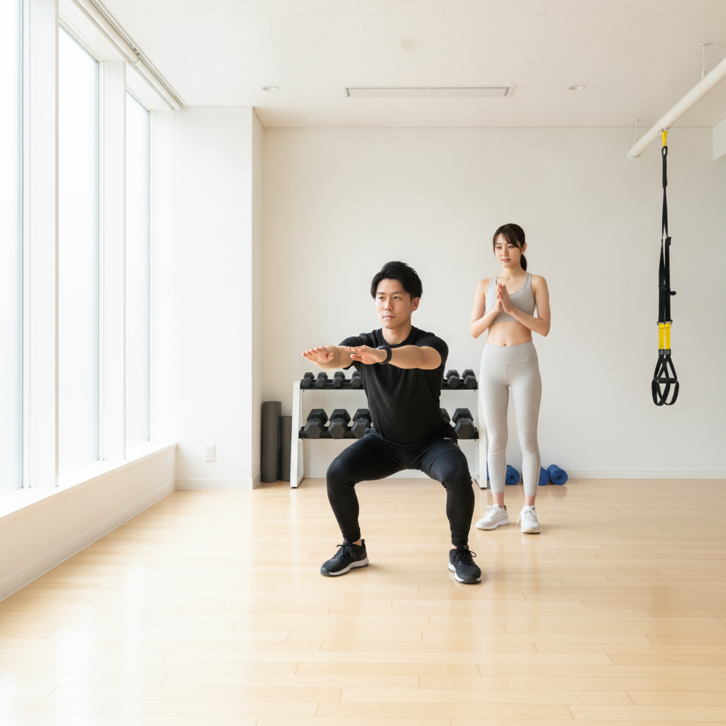 スクワットの指導を受ける女性